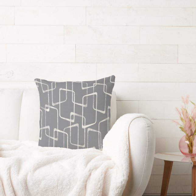 Grey Retro Lino Print Geometric Pattern Cushion (Couch)