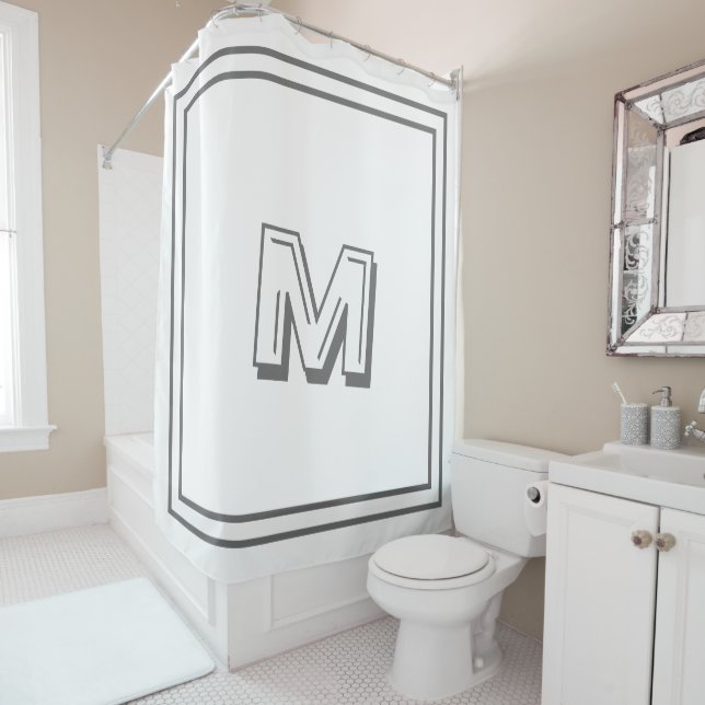 Grey Retro Script Monogram Initials Custom Name Shower Curtain (In Situ)
