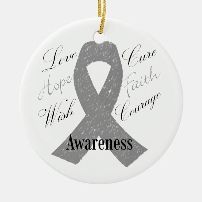 Grey ribbon brain cancer awareness ceramic tree decoration (Front)