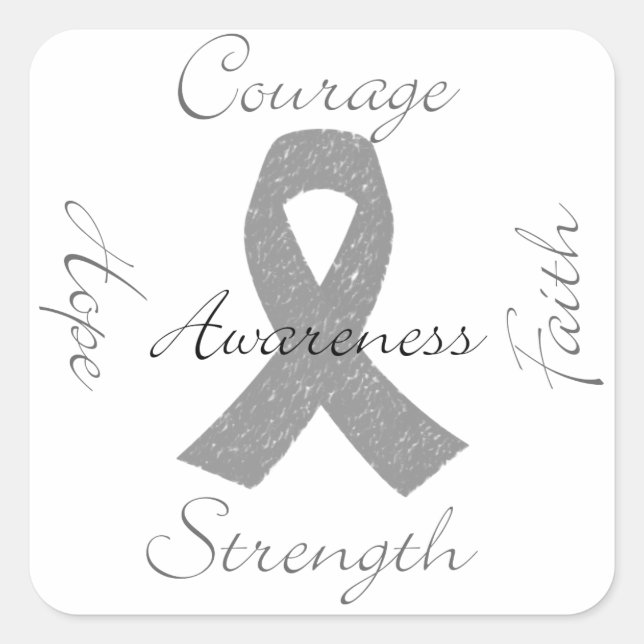 Grey ribbon brain cancer awareness square sticker (Front)