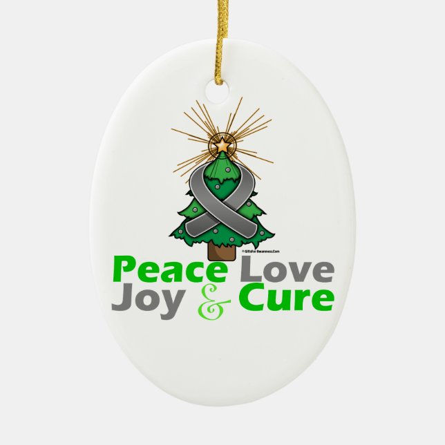 Grey Ribbon Christmas Peace Love, Joy & Cure Ceramic Tree Decoration (Front)