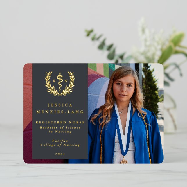 Grey RN Asclepius Graduation Photo Announcement (Standing Front)