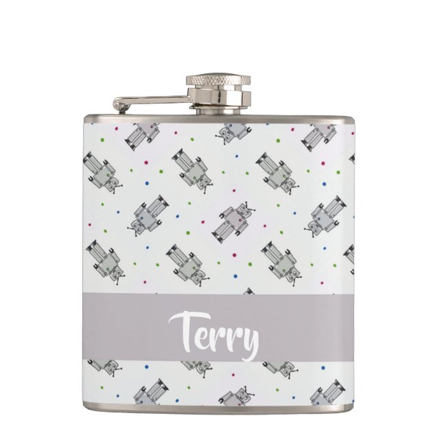 Grey robots pattern hip flask (Front)