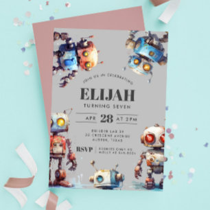 Grey Robots Tech Gear Builder Birthday Party Invitation