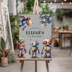 Grey Robots Tech Gear Builder Birthday Party Sign
