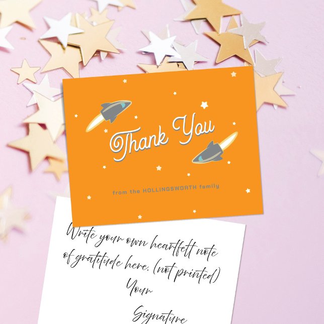 Grey Rockets and Stars Navy Orange Thank You Card (Creator Uploaded)