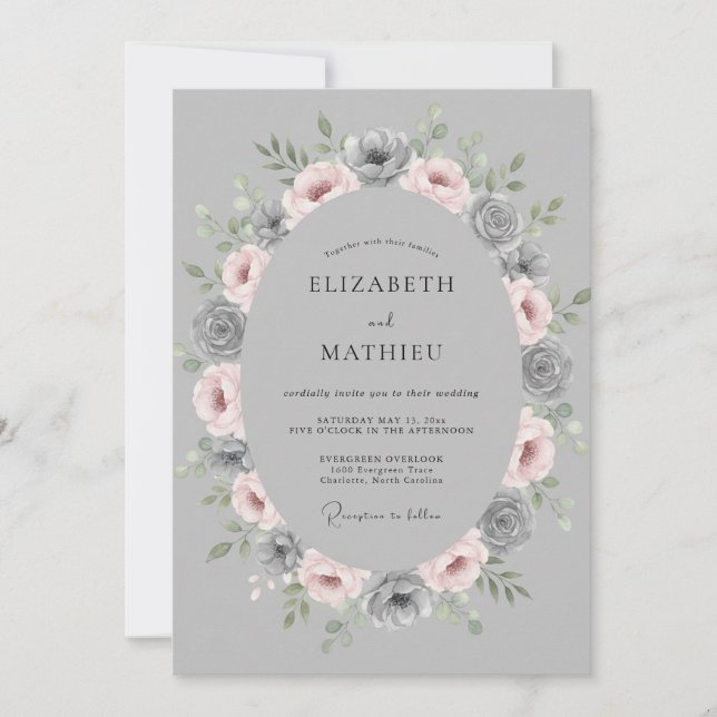 Grey Romantic Floral Flourish Wedding Invitation (Front)
