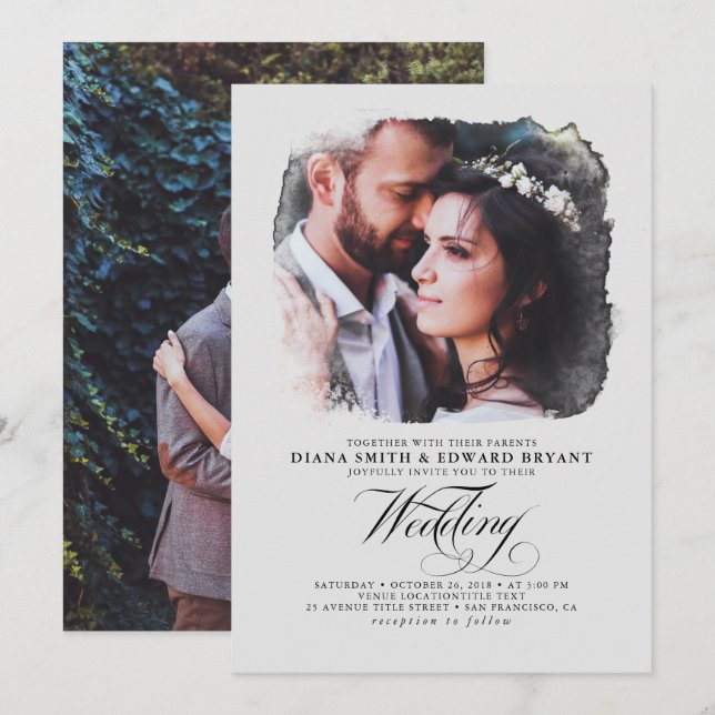 Grey Romantic Modern Elegant Two Photos Wedding Invitation (Front/Back)