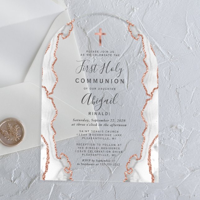 Grey Rose Gold Agate Arch First Communion Acrylic Invitations (Creator Uploaded)