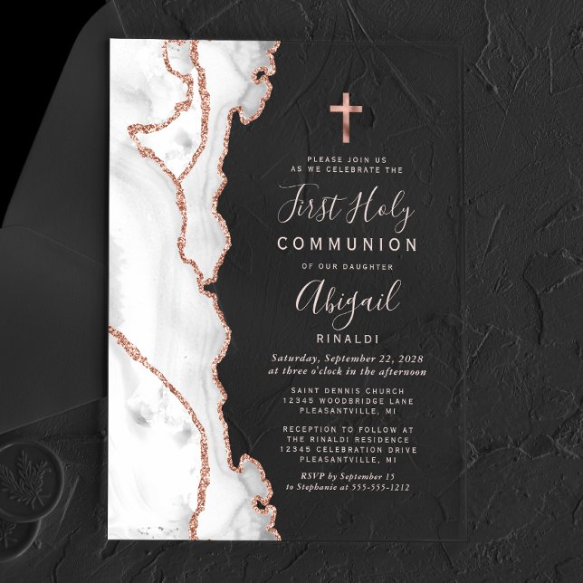 Grey Rose Gold Agate Pink First Holy Communion Acrylic Invitations (Creator Uploaded)