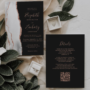 Grey Rose Gold Agate Slate Black QR Code Wedding Invitation