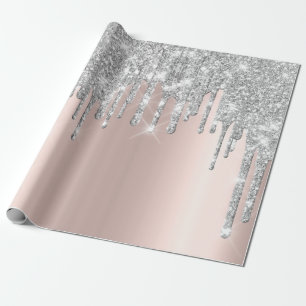 Grey Rose Gold Blush Spark Powder Drips Glitter Wrapping Paper