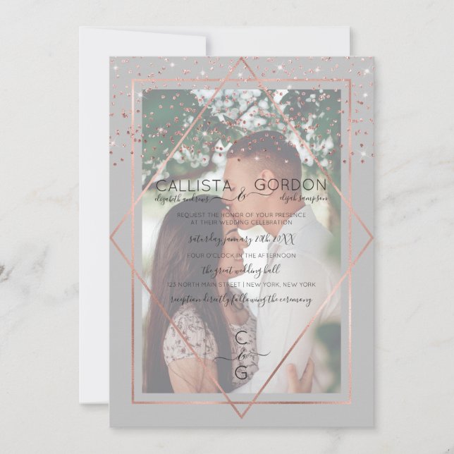 Grey Rose Gold Confetti Geo Border Photo Wedding Invitation (Front)