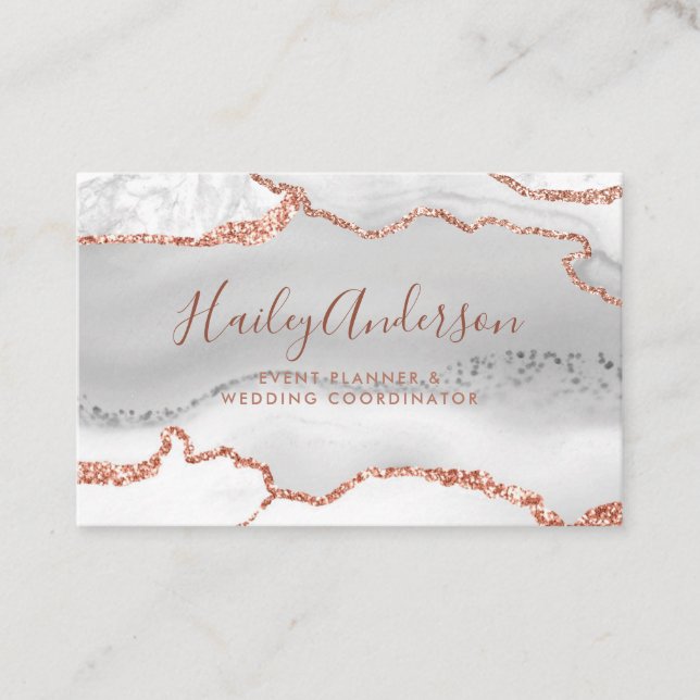 Grey & Rose Gold Glitter Watercolor Gilded Agate Business Card (Front)