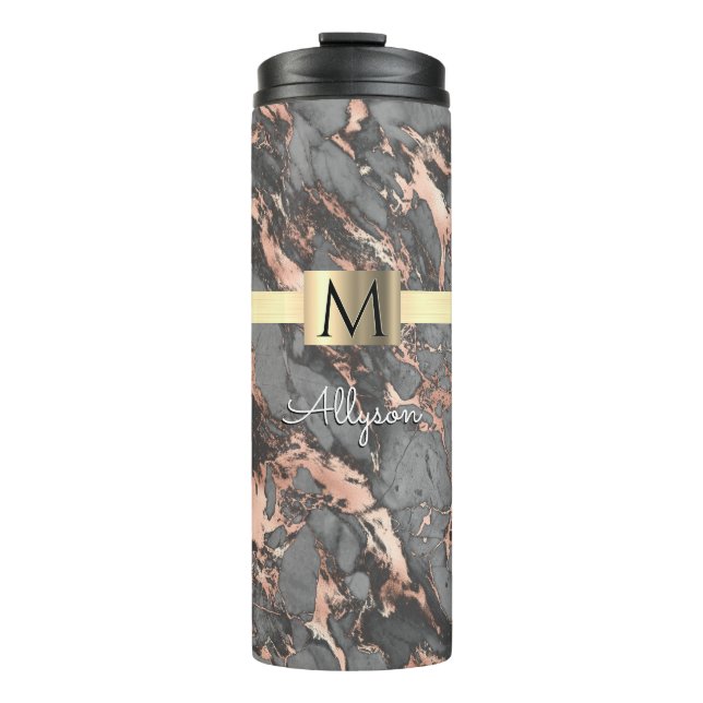 Grey & Rose Gold Marble Gold Box, Name & Monogram Thermal Tumbler (Front)