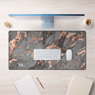 Grey Rose Gold Marble & Monogram Desk Mat