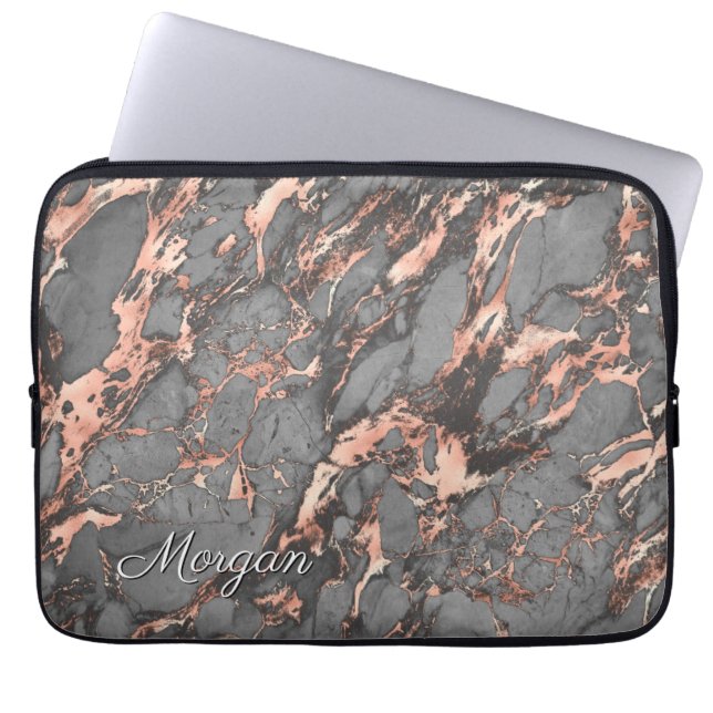 Grey Rose Gold Marble, Name or Monogram Laptop Sleeve (Front)
