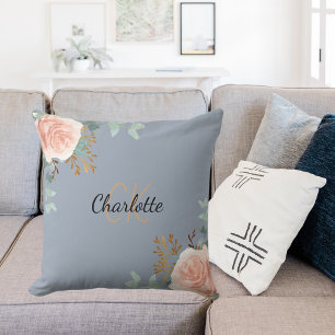 Grey rose gold pink floral monogram name cushion