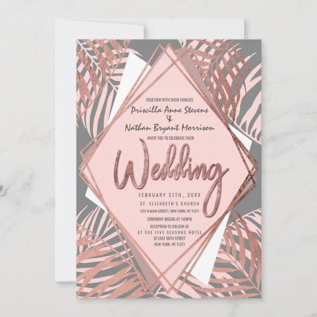 Grey Rose Gold Tropical Palm Tree Leaves Wedding Invitation (Front)