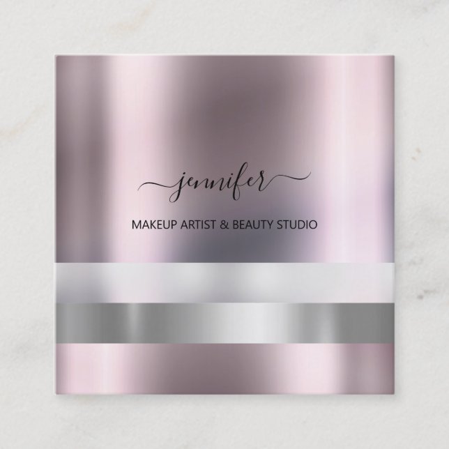 Grey Rose Makeup Artist Influencer Striped Modern Square Business Card (Front)