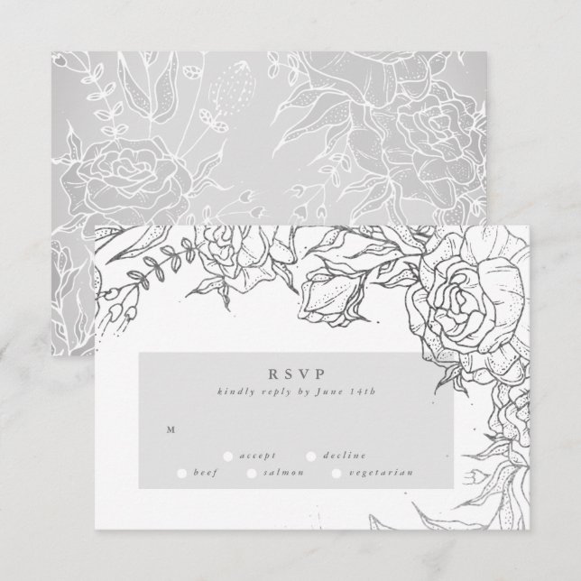 Grey Rose Ultimate Silver Elegant Floral Wedding RSVP Card (Front/Back)