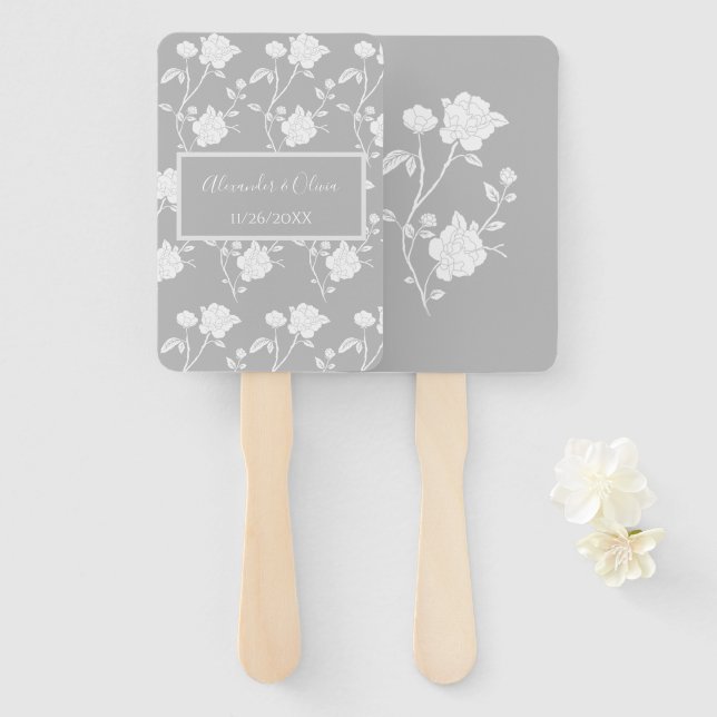 Grey Rose Wedding Favour Hand Fan (Front and Back)