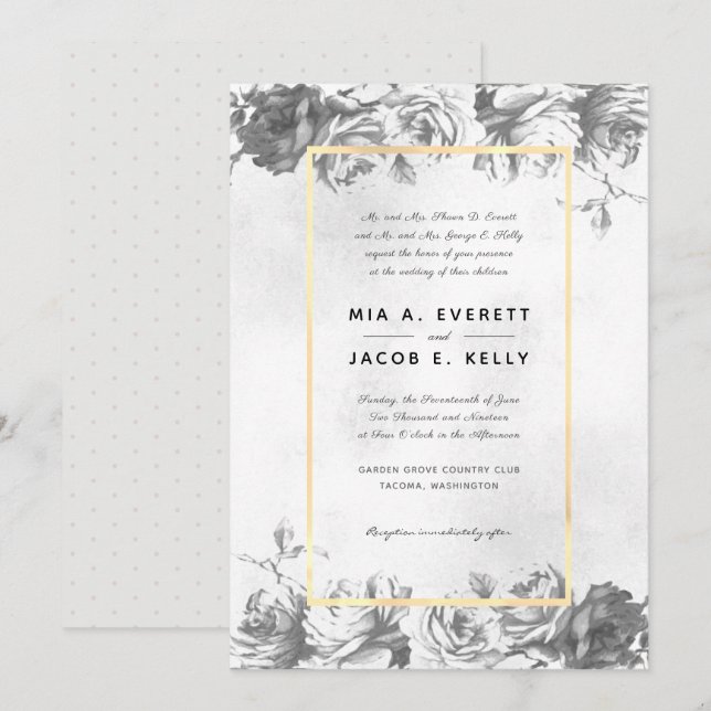 Grey Roses Gold Frame Wedding Invitation (Front/Back)