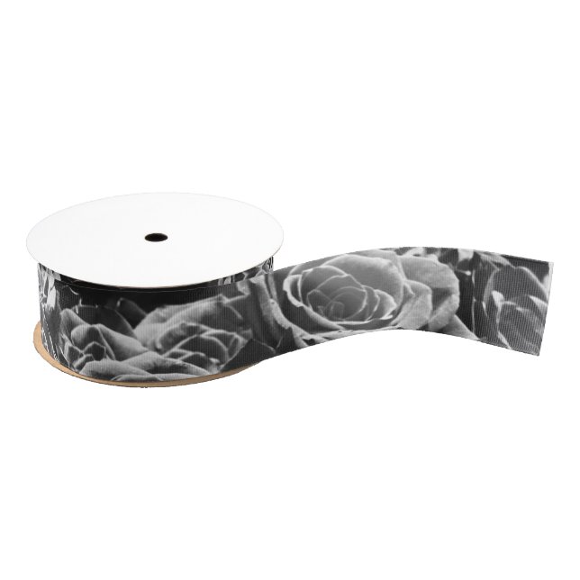Grey roses, grey floral photo  grosgrain ribbon (Spool)