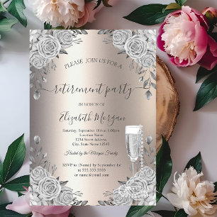 Grey Roses Prosecco Pearls Ivory Retirement  Invitation
