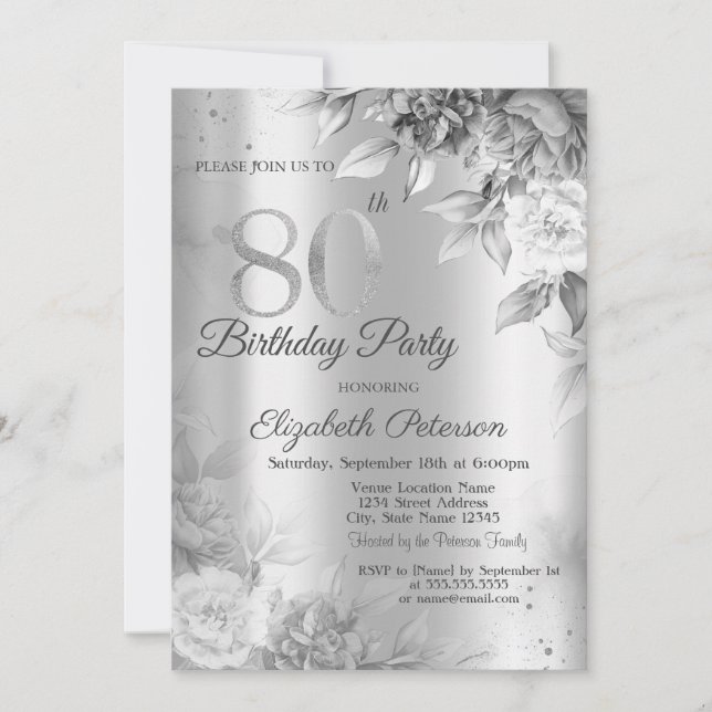 Grey Roses Silver 80th Birthday Party Invitation (Front)