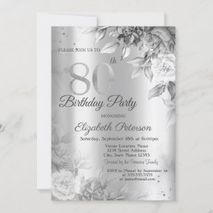Grey Roses Silver 80th Birthday Party Invitation