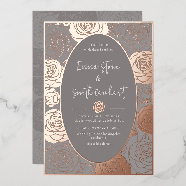 Grey Roses Wedding Foil Invitation (Front/Back)