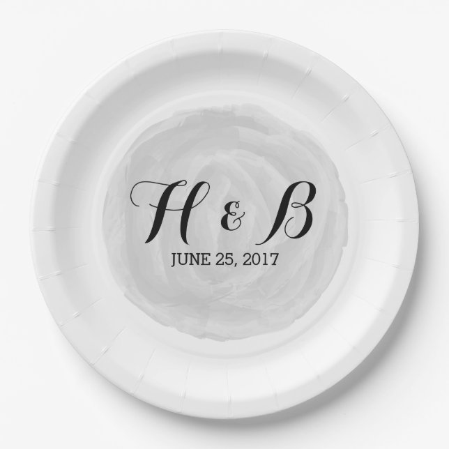 Grey Round Watercolor Wedding Paper Plates (Front)