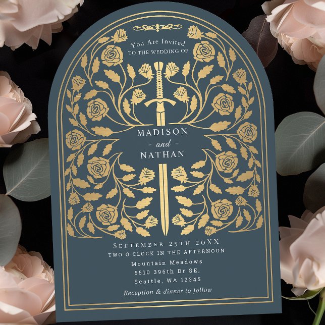Grey Royal Mediaeval Gold Sword Wedding Arch Invitation (Creator Uploaded)