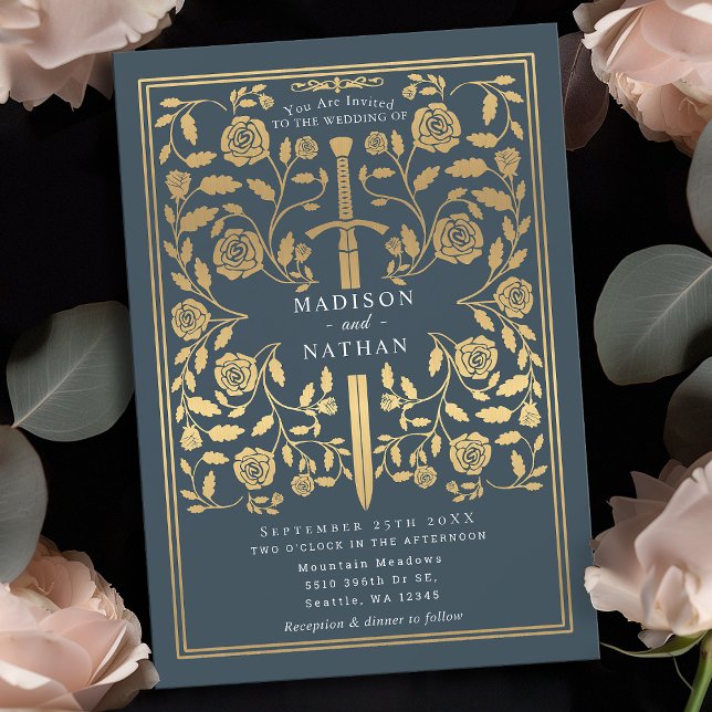 Grey Royal Mediaeval Gold Sword Wedding Invitation (Creator Uploaded)