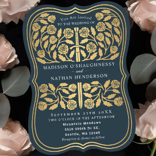 Grey Royal Mediaeval Gold Sword Wedding Invitation