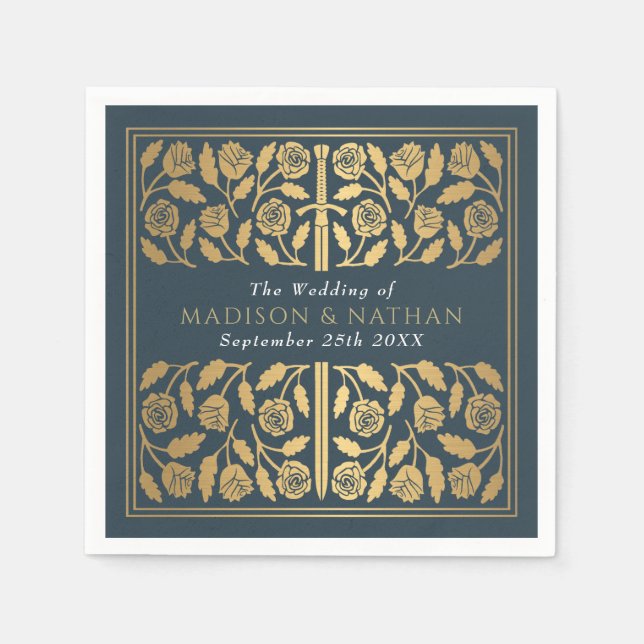 Grey Royal Mediaeval Gold Sword Wedding Napkin (Front)