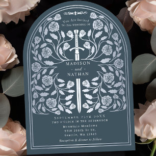 Grey Royal Mediaeval Silver Sword Wedding Arch Invitation