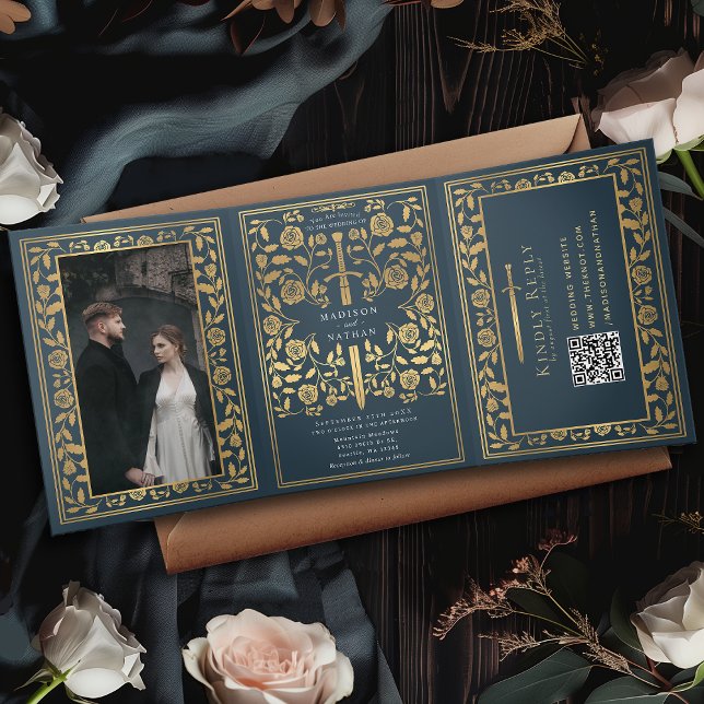 Grey Royal Mediaeval Sword Wedding QR Code Tri-Fold Invitation (Creator Uploaded)
