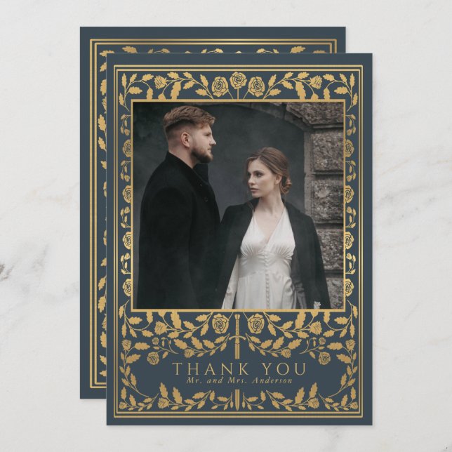 Grey Royal Mediaeval Sword Wedding Thank You Card (Front/Back)