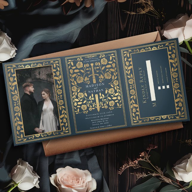 Grey Royal Mediaeval Sword Wedding Tri-Fold Invitation (Creator Uploaded)