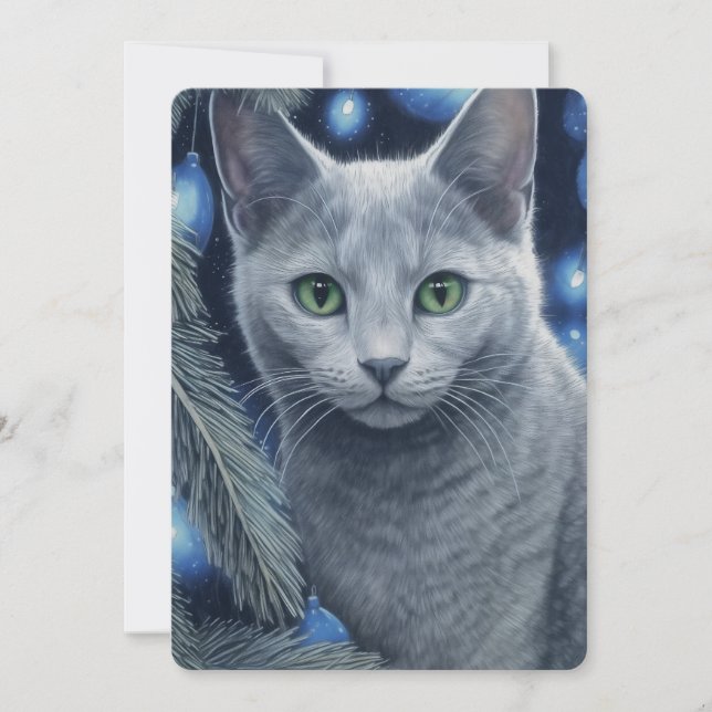 Grey Russian Blue Cat Christmas or Hanukkah  Holiday Card (Front)