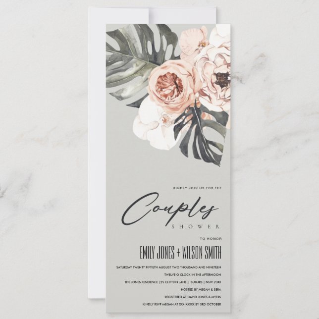 GREY RUST FLORAL MONSTERA LEAVES COUPLES SHOWER  INVITATION (Front)