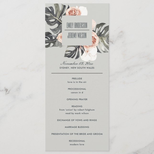GREY RUST MONSTERA FLORAL WEDDING CEREMONY PROGRAM MENU (Front)