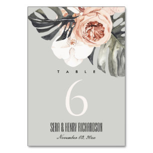 GREY RUST MONSTERA WATERCOLOR FLORAL WEDDING  TABLE NUMBER