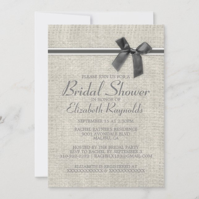 Grey Rustic Burlap Bridal Shower Invitations (Front)