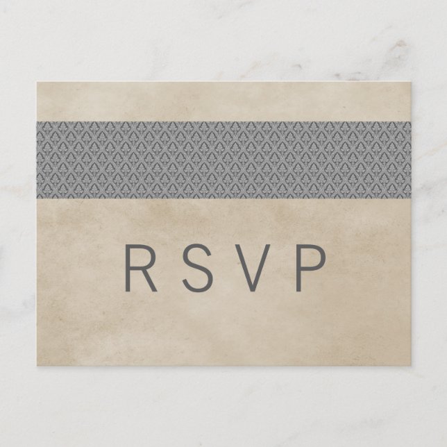 Grey Rustic Damask RSVP Postcard (Front)