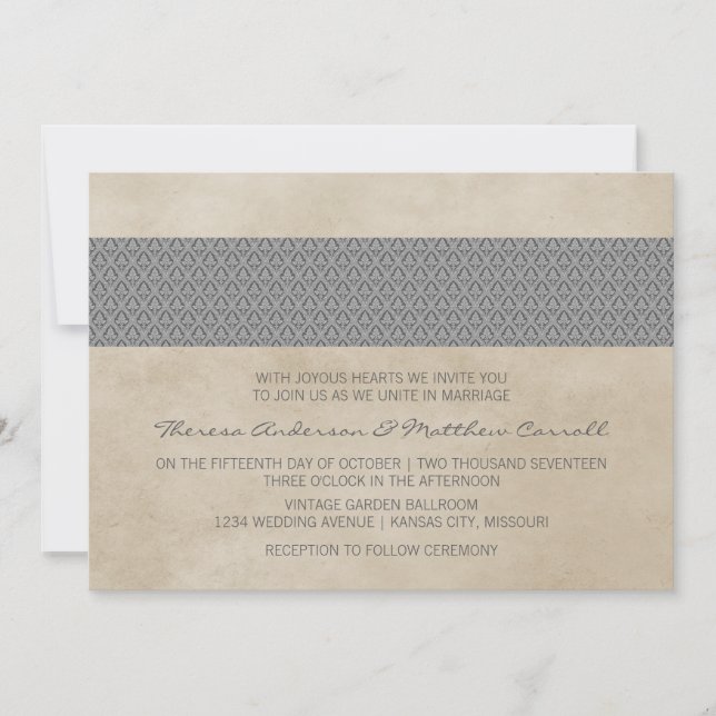 Grey Rustic Damask Wedding Invite (Front)