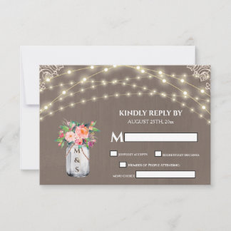 Grey Rustic Flower Mason Jar String Lights RSVP Card