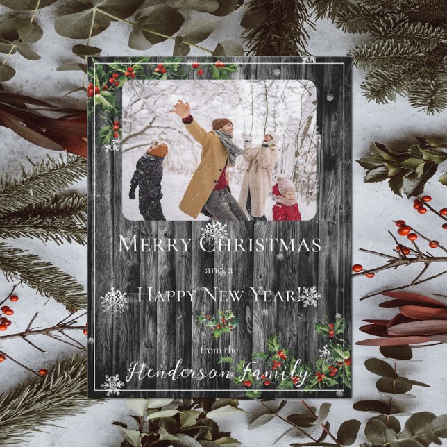 Grey Rustic Holly Branches Flat Holiday Photo Card (Gray Rustic Holly Branches Holiday Photo Card)